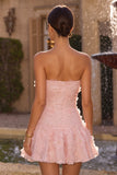 Pink A-Line Strapless Beaded Pearl Floral Short Homecoming Dress