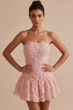 Pink A-Line Strapless Beaded Pearl Floral Short Homecoming Dress
