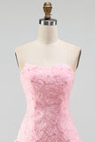 Pink A-Line Strapless Beaded Pearl Floral Short Homecoming Dress