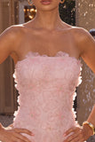 Pink A-Line Strapless Beaded Pearl Floral Short Homecoming Dress