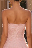 Pink A-Line Strapless Beaded Pearl Floral Short Homecoming Dress