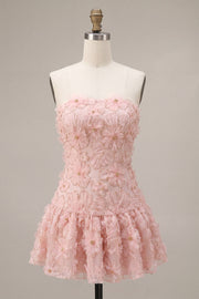 Pink A-Line Strapless Beaded Pearl Floral Short Homecoming Dress