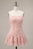 Pink A-Line Strapless Beaded Pearl Floral Short Homecoming Dress