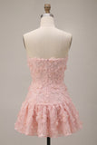 Pink A-Line Strapless Beaded Pearl Floral Short Homecoming Dress