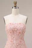 Pink A-Line Strapless Beaded Pearl Floral Short Homecoming Dress