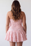 Pink A-Line Beaded Pearls Strapless Floral Plus Size Short Homecoming Dress