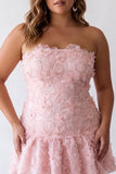 Pink A-Line Beaded Pearls Strapless Floral Plus Size Short Homecoming Dress