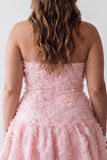 Pink A-Line Beaded Pearls Strapless Floral Plus Size Short Homecoming Dress