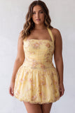 Yellow A-Line Halter Neck Floral Embroidered Plus Size Homecoming Dress