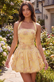 A-Line Yellow Halter Neck Floral Embroidered Homecoming Dress