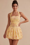 A-Line Yellow Halter Neck Floral Embroidered Homecoming Dress