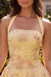 A-Line Yellow Halter Neck Floral Embroidered Homecoming Dress