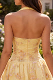 A-Line Yellow Halter Neck Floral Embroidered Homecoming Dress