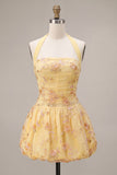 A-Line Yellow Halter Neck Floral Embroidered Homecoming Dress