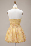 A-Line Yellow Halter Neck Floral Embroidered Homecoming Dress