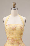 A-Line Yellow Halter Neck Floral Embroidered Homecoming Dress