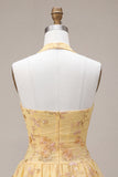 A-Line Yellow Halter Neck Floral Embroidered Homecoming Dress