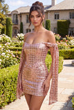 Sparkly Champagne Off the Shoulder Bodycon Sequins Homecoming Dress