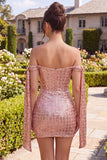 Sparkly Champagne Off the Shoulder Bodycon Sequins Homecoming Dress
