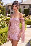 Sparkly Champagne Off the Shoulder Bodycon Sequins Homecoming Dress