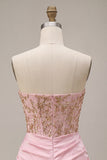 Pink Strapless Bodycon Beaded Ruched Homecoming Dress