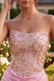 Pink Strapless Bodycon Beaded Ruched Homecoming Dress