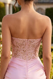 Pink Strapless Bodycon Beaded Ruched Homecoming Dress