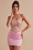 Pink Strapless Bodycon Beaded Ruched Homecoming Dress