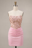 Pink Strapless Bodycon Beaded Ruched Homecoming Dress