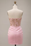Pink Strapless Bodycon Beaded Ruched Homecoming Dress