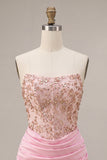 Pink Strapless Bodycon Beaded Ruched Homecoming Dress