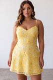Yellow Beaded Pearl A-Line Spaghetti Straps Floral Plus Size Short Homecoming Dress