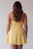 Yellow Beaded Pearl A-Line Spaghetti Straps Floral Plus Size Short Homecoming Dress