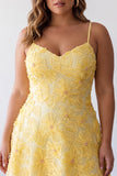 Yellow Beaded Pearl A-Line Spaghetti Straps Floral Plus Size Short Homecoming Dress