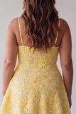 Yellow Beaded Pearl A-Line Spaghetti Straps Floral Plus Size Short Homecoming Dress