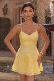 A-Line Yellow Beaded Spaghetti Straps Floral Pearl Short Homecoming Dress