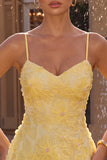 A-Line Yellow Beaded Spaghetti Straps Floral Pearl Short Homecoming Dress