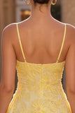 A-Line Yellow Beaded Spaghetti Straps Floral Pearl Short Homecoming Dress