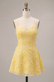 A-Line Yellow Beaded Spaghetti Straps Floral Pearl Short Homecoming Dress