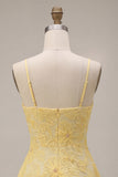 A-Line Yellow Beaded Spaghetti Straps Floral Pearl Short Homecoming Dress