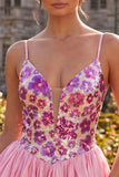 A-Line Pink Floral Spaghetti Straps Homecoming Dress with Sequins