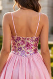 A-Line Pink Floral Spaghetti Straps Homecoming Dress with Sequins