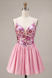 A-Line Pink Floral Spaghetti Straps Homecoming Dress with Sequins