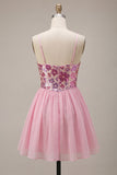 A-Line Pink Floral Spaghetti Straps Homecoming Dress with Sequins