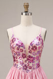 A-Line Pink Floral Spaghetti Straps Homecoming Dress with Sequins