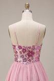 A-Line Pink Floral Spaghetti Straps Homecoming Dress with Sequins