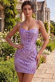 Plum Bodycon Spaghetti Straps Corset Sequins Homecoming Dress with Bow
