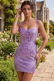 Plum Bodycon Spaghetti Straps Corset Sequins Homecoming Dress with Bow