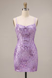 Plum Bodycon Spaghetti Straps Corset Sequins Homecoming Dress with Bow