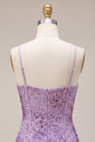 Plum Bodycon Spaghetti Straps Corset Sequins Homecoming Dress with Bow